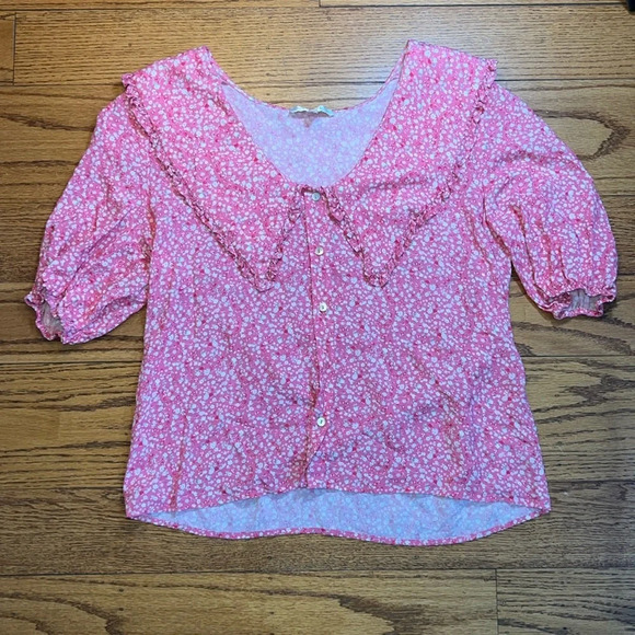 WAYF Pink Rayon Retro Peter Pan Collar Grandma Floral Coquette Buttons Blouse P - Picture 1 of 3
